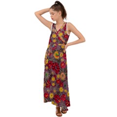 Mid Century Retro Floral 1970s 1960s Pattern 90 V-neck Chiffon Maxi Dress by violetheavensky