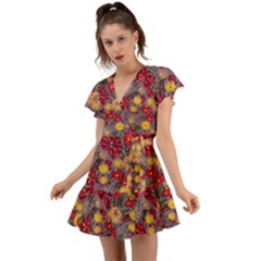 Mid Century Retro Floral 1970s 1960s Pattern 90 Flutter Sleeve Wrap Dress by violetheavensky