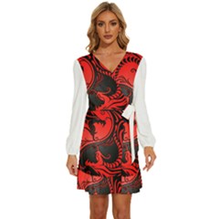Red Yin Yang Dragons Long Sleeve Waist Tie Ruffle Velvet Dress by JeffBartels