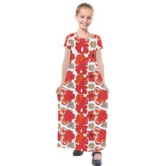 Mid Century Retro Floral 1970s 1960s Pattern 91 Kids  Short Sleeve Maxi Dress by violetheavensky