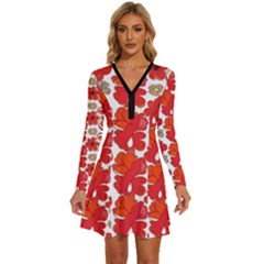 Mid Century Retro Floral 1970s 1960s Pattern 91 Long Sleeve Deep V Mini Dress  by violetheavensky