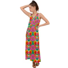 Retro 40s 50s Mexico Flowers Pattern V-neck Chiffon Maxi Dress by violetheavensky