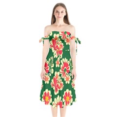 Retro 40s 50s Mexico Flowers Pattern 2 Shoulder Tie Bardot Midi Dress by violetheavensky