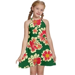 Retro 40s 50s Mexico Flowers Pattern 2 Kids  Halter Collar Waist Tie Chiffon Dress by violetheavensky