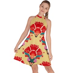 Retro 40s 50s Mexico Flowers Pattern 4 Sleeveless Halter Neck A-line Dress by violetheavensky