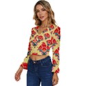 Retro 40s 50s Mexico Flowers Pattern 4 Long Sleeve V-Neck Top View2