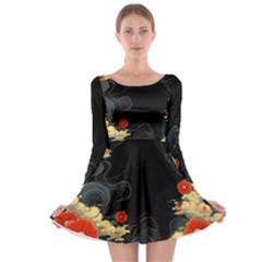 Korean Art Flowers Asian Pattern Long Sleeve Skater Dress by Sabxi