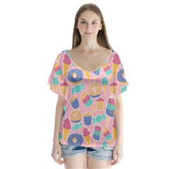 Ice Cream Donut Sweets Candie V-neck Flutter Sleeve Top by Apenda