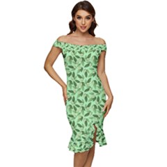 Leaves Pattern Texture Seamless Off Shoulder Ruffle Split Hem Bodycon Dress by Hannah976