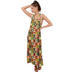 Template Christmas Pattern V-neck Chiffon Maxi Dress by Proyonanggan