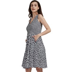 Black White Leopard Sleeveless V-neck Skater Dress With Pockets by DinkovaArt