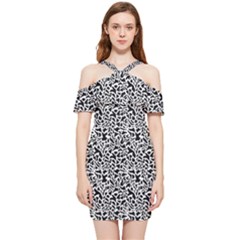 Black White Giraffe Pattern Shoulder Frill Bodycon Summer Dress by DinkovaArt