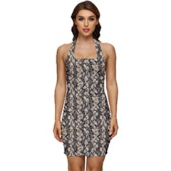 Beige Snake Pattern Sleeveless Wide Square Neckline Ruched Bodycon Dress by DinkovaArt