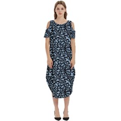 Blue Giraffe Pattern Cold Shoulder Loose Fit Dress With Pockets by DinkovaArt