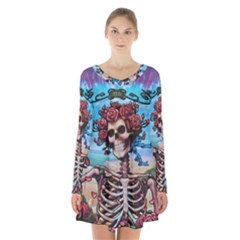 Grateful Dead Hippie Peace Roses Rock Music Legend Long Sleeve Velvet V-neck Dress by Tsamara