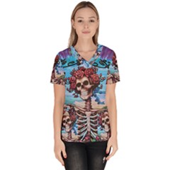 Grateful Dead Hippie Peace Roses Rock Music Legend Women s V-neck Scrub Top by Tsamara