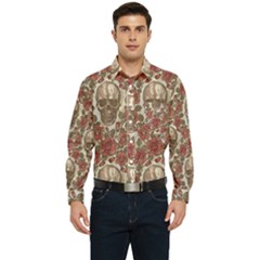 Skull And Roses Flowee Flora Floral Patterns Pattern Men s Long Sleeve Pocket Shirt  by Tsamara