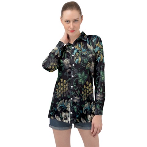 Pattern Flower Plants Leaves Nature Long Sleeve Satin Shirt by Tsamara