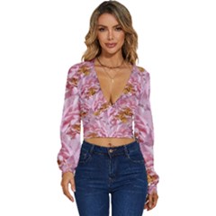 Peonies Nature Bloom Blossom Pink Long Sleeve Deep-v Velour Top by Tsamara