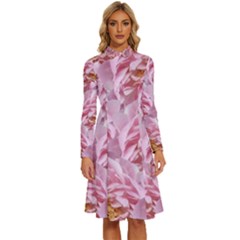 Peonies Nature Bloom Blossom Pink Long Sleeve Shirt Collar A-line Dress by Tsamara