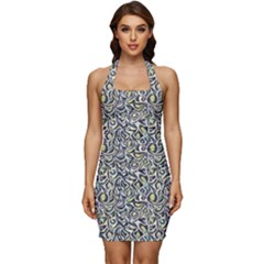 Green Leaves Sleeveless Wide Square Neckline Ruched Bodycon Dress by DinkovaArt