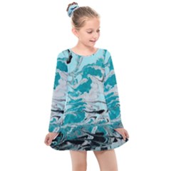 Fluid Turquoise Kids  Long Sleeve Dress by DinkovaArt