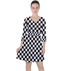 Pattern Checkered Squares Black White Pattern Quarter Sleeve Ruffle Waist Dress by Sabxi