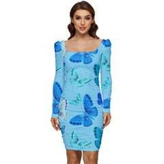 Butterflies Insect Pattern Nature Women Long Sleeve Ruched Stretch Jersey Dress by Sabxi