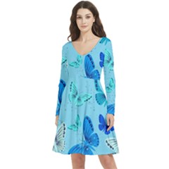 Butterflies Insect Pattern Nature Long Sleeve V-neck Skater Dress With Pockets by Sabxi