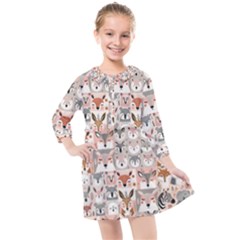 Mix Animal Faces Kids  Quarter Sleeve Shirt Dress by DinkovaArt