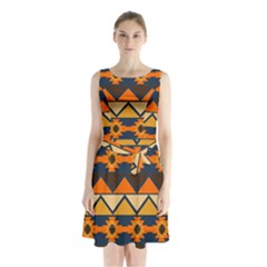 Aztec Mexico Inca Mayan Design Sleeveless Waist Tie Chiffon Dress by Tsamara
