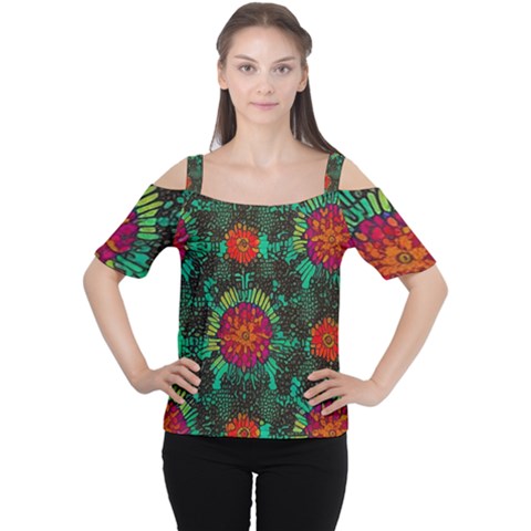 Mid Century Retro Floral 1970s 1960s Pattern 72 Cutout Shoulder T-shirt by violetheavensky
