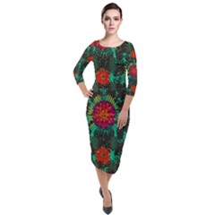 Mid Century Retro Floral 1970s 1960s Pattern 72 Quarter Sleeve Midi Velour Bodycon Dress by violetheavensky