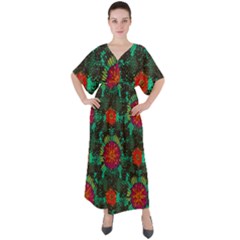Mid Century Retro Floral 1970s 1960s Pattern 72 V-neck Boho Style Maxi Dress by violetheavensky