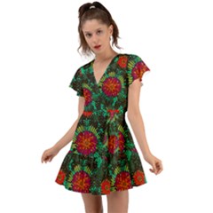 Mid Century Retro Floral 1970s 1960s Pattern 72 Flutter Sleeve Wrap Dress by violetheavensky