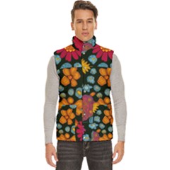 Mid Century Retro Floral 1970s 1960s Pattern 77 Men s High Neck Button Up Puffer Vest by violetheavensky