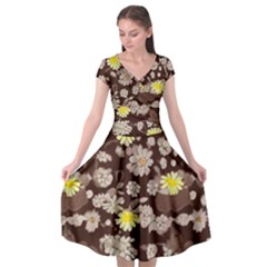 Mid Century Retro Floral 1970s 1960s Pattern 84 Cap Sleeve Wrap Front Dress by violetheavensky
