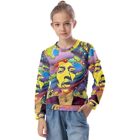 Psychedelic Rock Jimi Hendri Kids  Long Sleeve T-shirt With Frill  by Tsamara