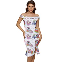 Bluey, Bluey Merch, Bluey Pattern, Bluey Bluey, Bingo, Bluey Design, Bluey Dog Off Shoulder Ruffle Split Hem Bodycon Dress by avitendut