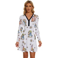 Bluey, Bluey Merch, Bluey Pattern, Bluey Bluey, Bingo, Bluey Design, Bluey Dog Long Sleeve Deep V Mini Dress  by avitendut