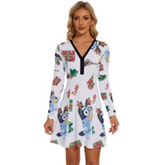 Bluey, Bluey Merch, Bluey Pattern, Bluey Bluey, Bingo, Bluey Design, Bluey Dog Long Sleeve Deep V Mini Dress  by avitendut
