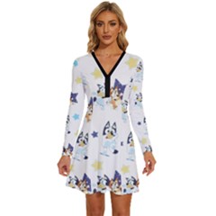 Bluey, Bluey Merch, Bluey Pattern, Bluey Bluey, Bingo, Bluey Design, Bluey Dog Long Sleeve Deep V Mini Dress  by avitendut
