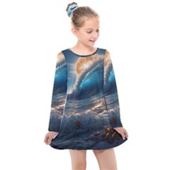 Ocean Sea Waves Kids  Long Sleeve Dress by Anend
