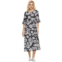 Mid Century Retro Floral 1970s 1960s Pattern 86 Double Cuff Midi Dress by violetheavensky