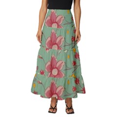 Mid Century Retro Floral 1970s 1960s Pattern 79 Tiered Ruffle Maxi Skirt by violetheavensky