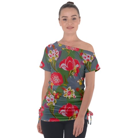 Mid Century Retro Floral 1970s 1960s Pattern 83 Off Shoulder Tie-up T-shirt by violetheavensky