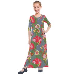 Mid Century Retro Floral 1970s 1960s Pattern 83 Kids  Quarter Sleeve Maxi Dress by violetheavensky