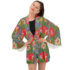 Mid Century Retro Floral 1970s 1960s Pattern 83 Long Sleeve Kimono by violetheavensky