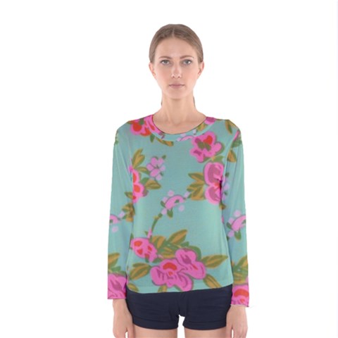 Mid Century Retro Floral 1970s 1960s Pattern 81 Women s Long Sleeve T-shirt by violetheavensky