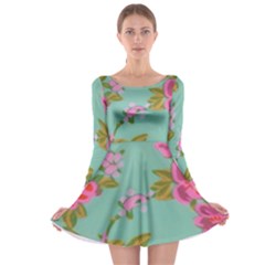 Mid Century Retro Floral 1970s 1960s Pattern 81 Long Sleeve Skater Dress by violetheavensky